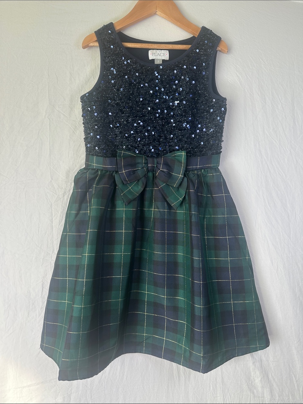 The Children's Place Navy Sequin Bodice Green Plaid Bow Party Dress